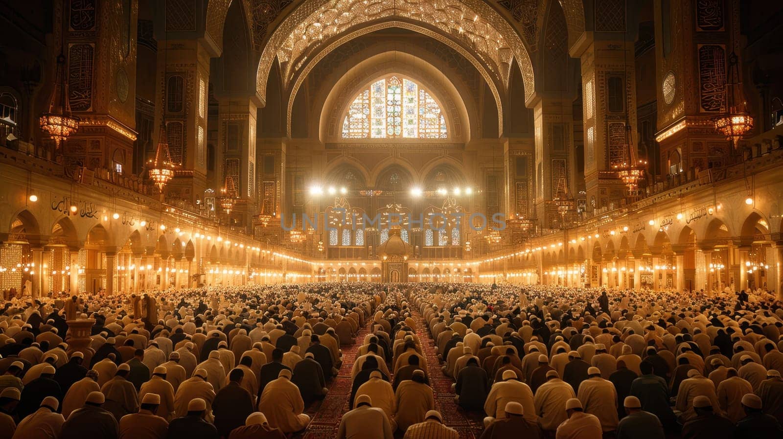 Muslim community praying in a mosque. Muslims in a large mosque.