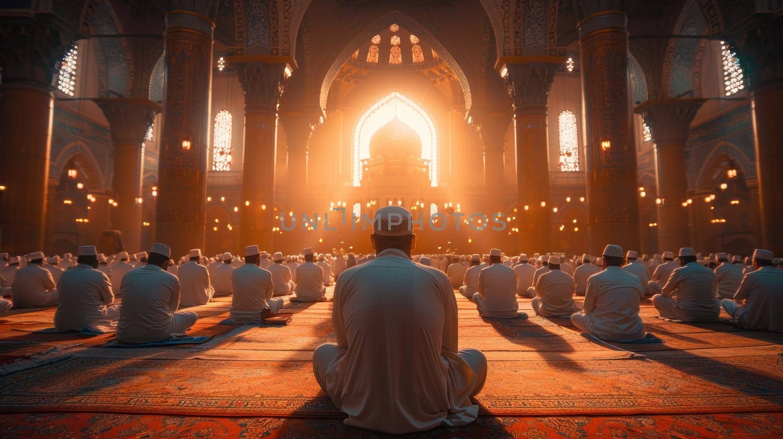 Muslim community praying in a mosque. Muslims in a large mosque.