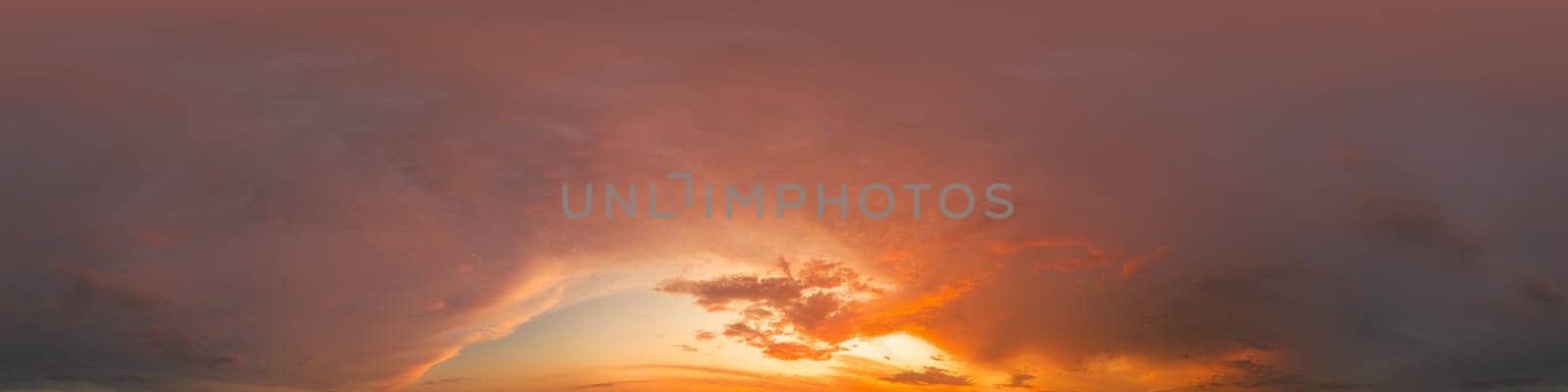 Golden glowing red orange overcast sunset sky 360 hdr panorama. Seamless spherical equirectangular panorama. Sky dome or zenith for 3D visualization and sky replacement for aerial drone 360 panoramas.