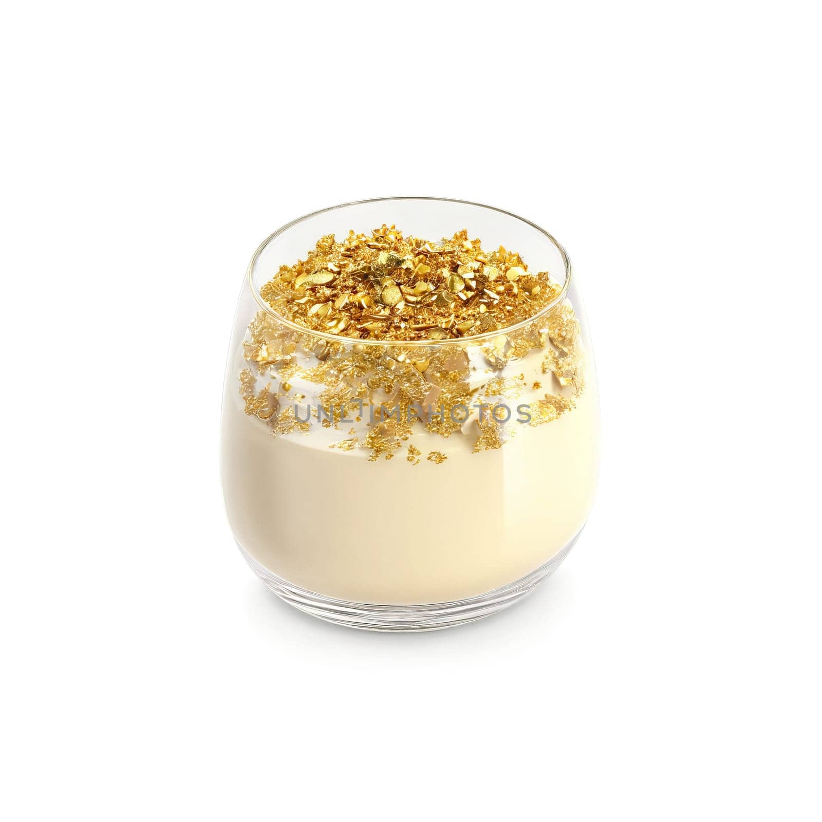 Foie gras mousse creamy whipped pate in stemless glass gold leaf flakes falling isolated on. Food isolated on transparent background.