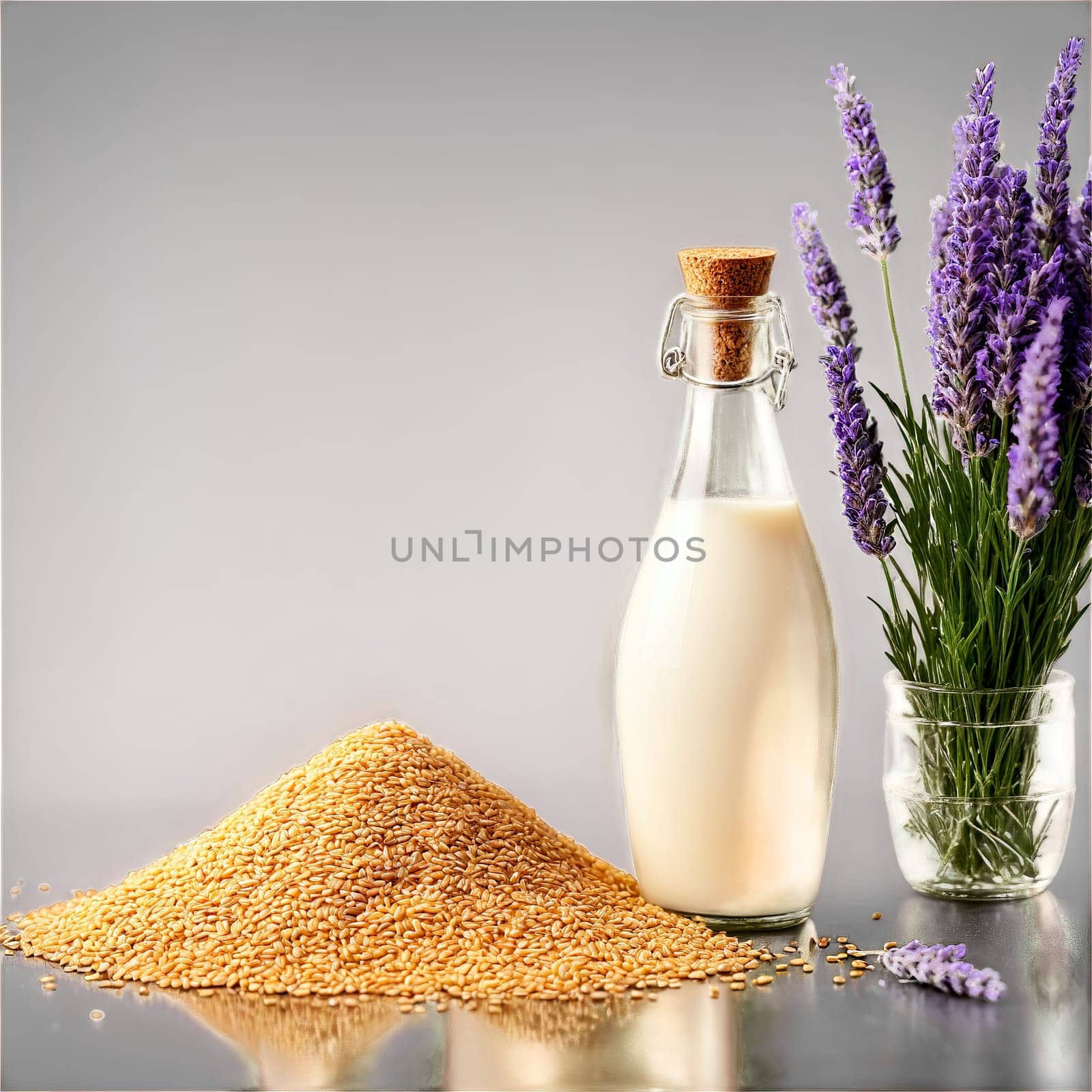 Khorasan wheat milk in a glass bottle garnished with a sprinkle of wheat bran and. Milk product isolated on transparent background