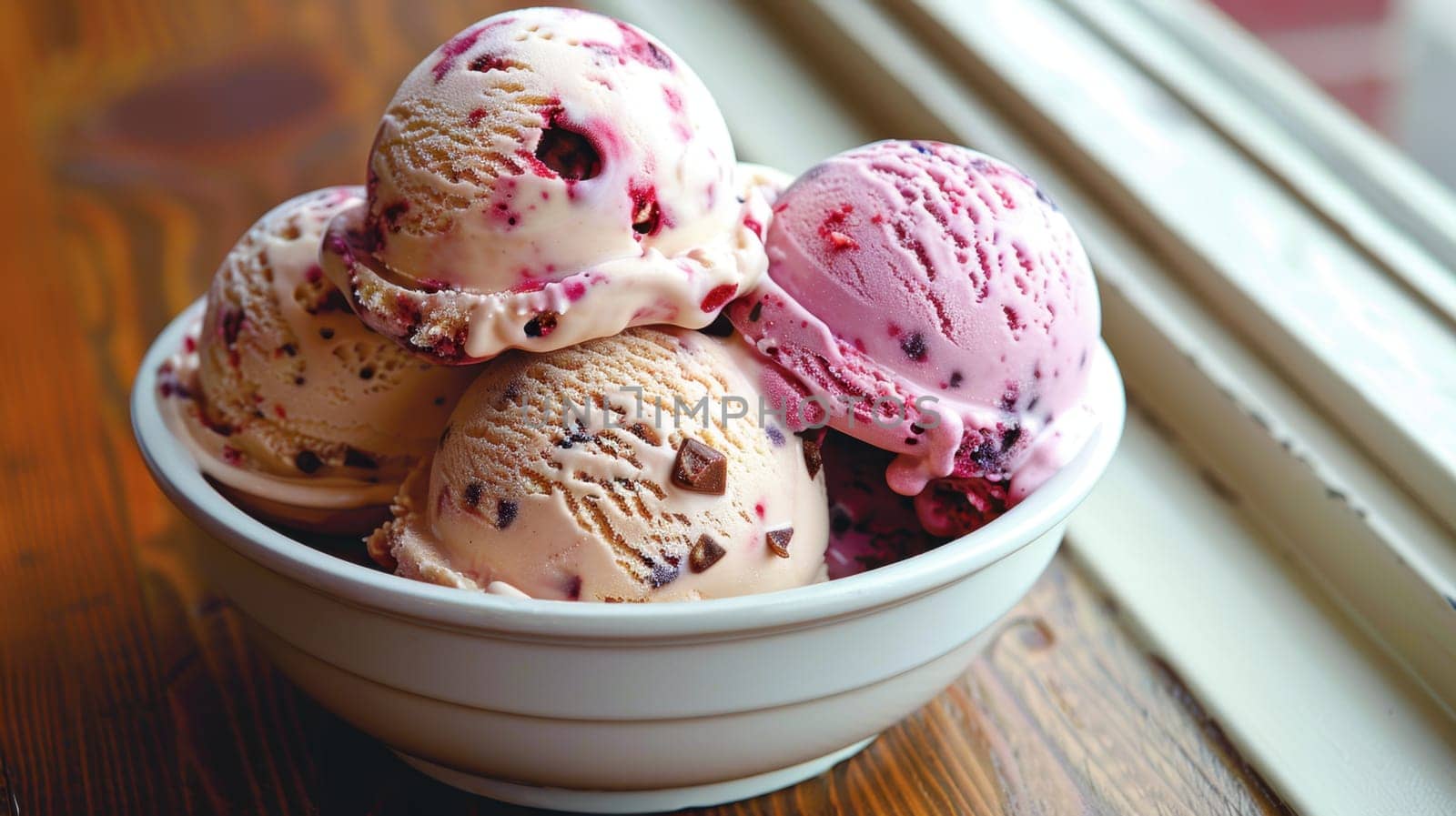 colorful ice cream in a plate on the table. Variety of ice cream portions with different flavors.