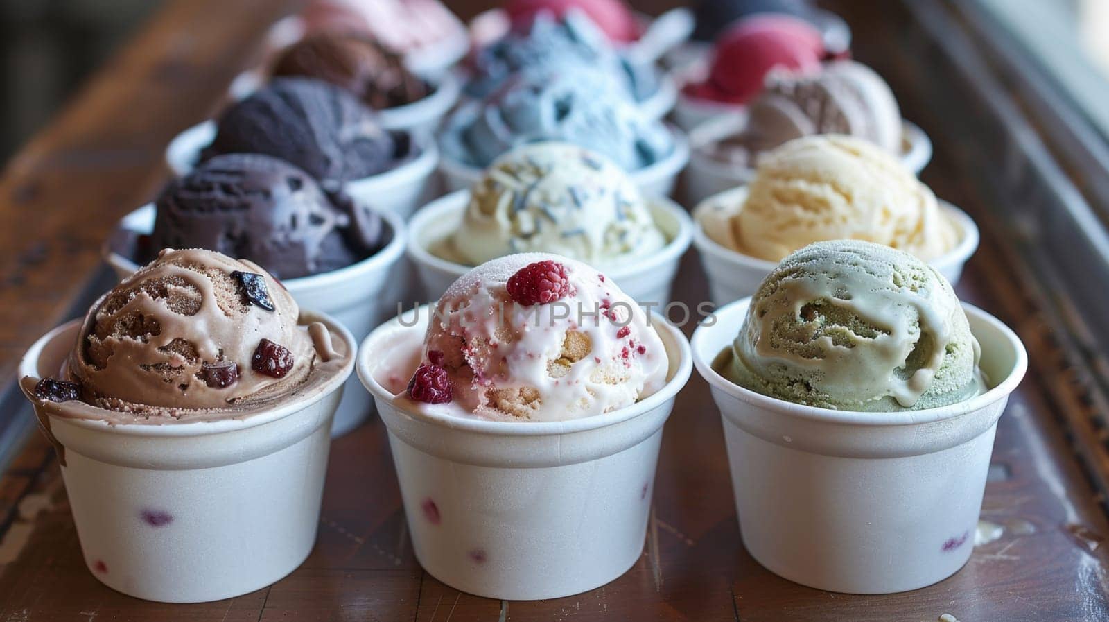 ice cream balls in a cup. Lots of ice cream in cups are on the table.