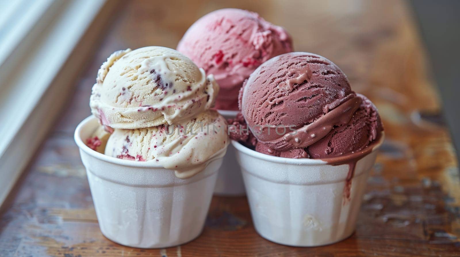 ice cream balls in a cup. Lots of ice cream in cups are on the table.