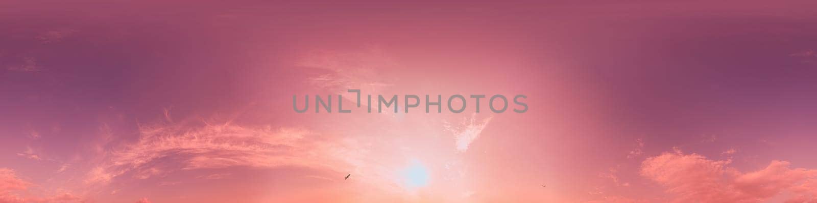 Dramatic Sunset sky 360 panorama. Vibrant sky with bright glowing red pink Cumulus clouds. HDR 360 seamless spherical panorama. Sky dome for aerial drone panoramas. Climate and weather change