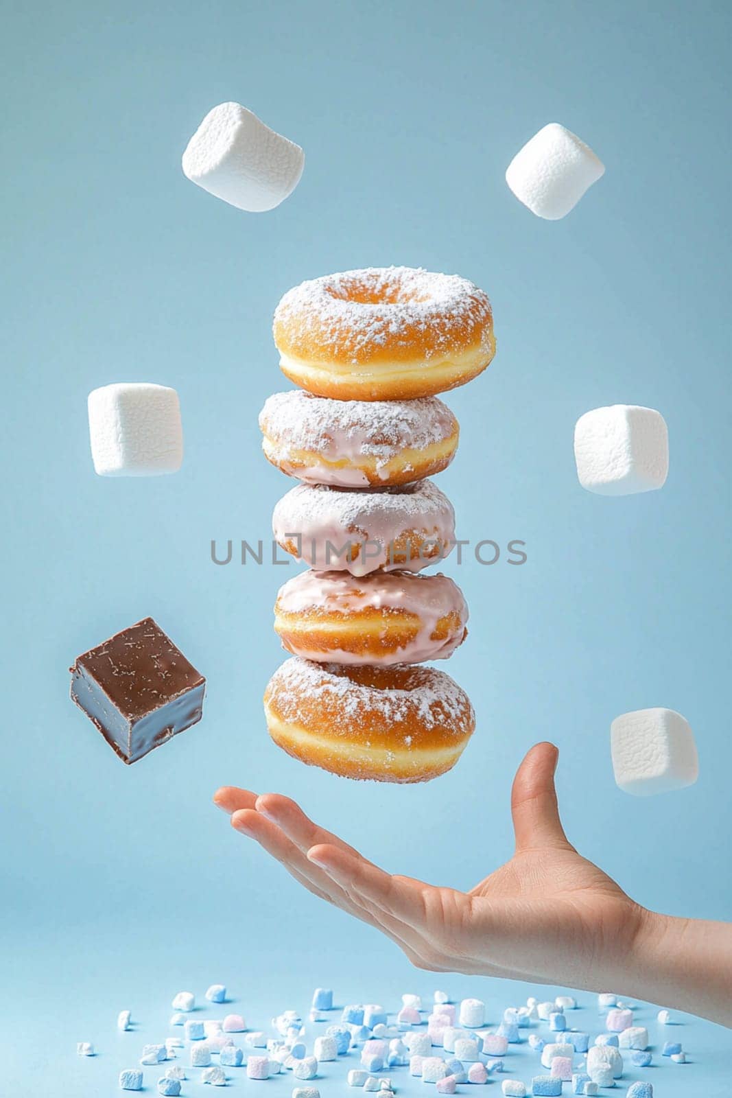Hand reaching for delicious donuts and sweets, frozen mid air against a vibrant blue backdrop, perfect for showcasing sweet treats and desserts