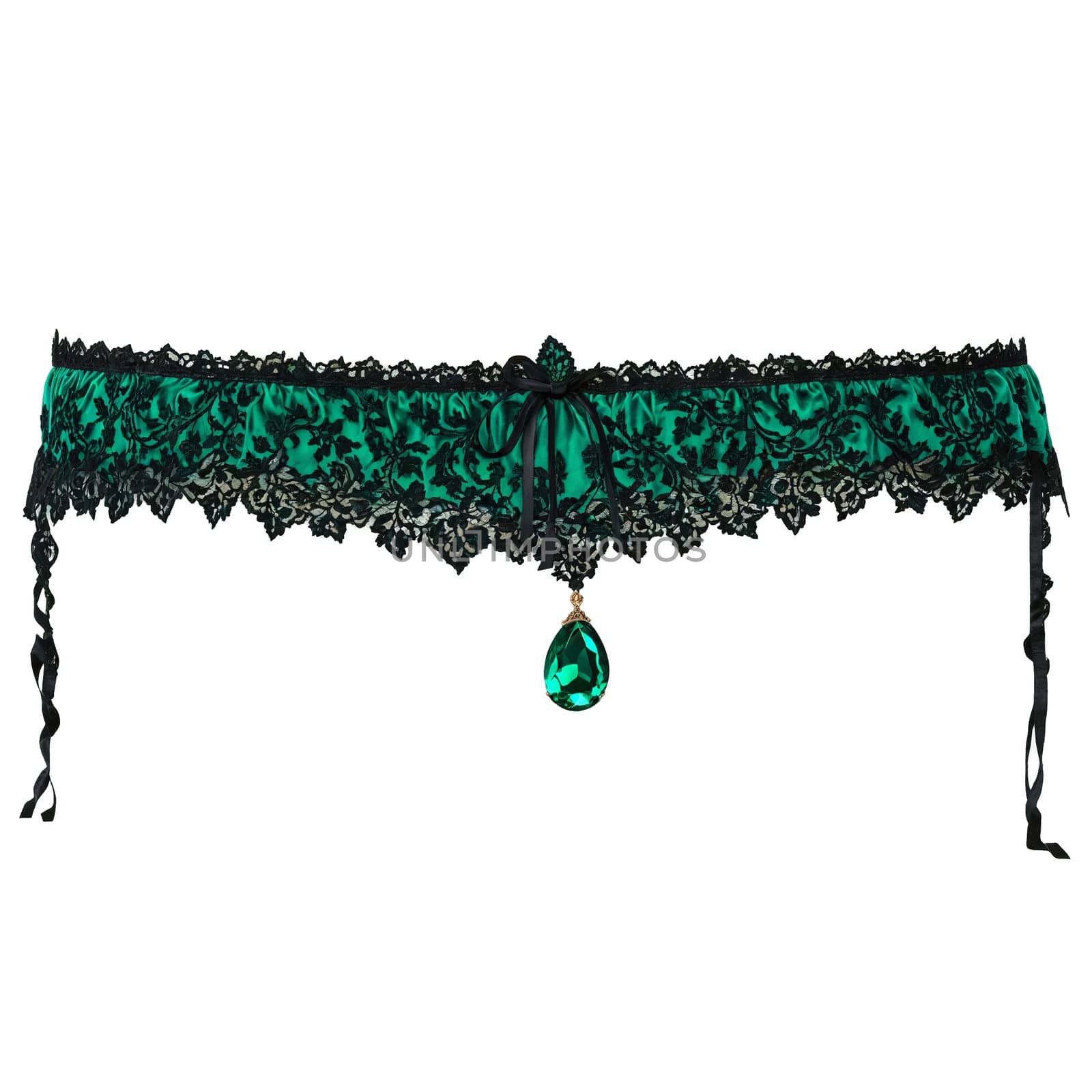 Emerald Envy rich green velvet garter belt with black lace applique jewel tone color palette. Woman lingerie isolated on transparent background.