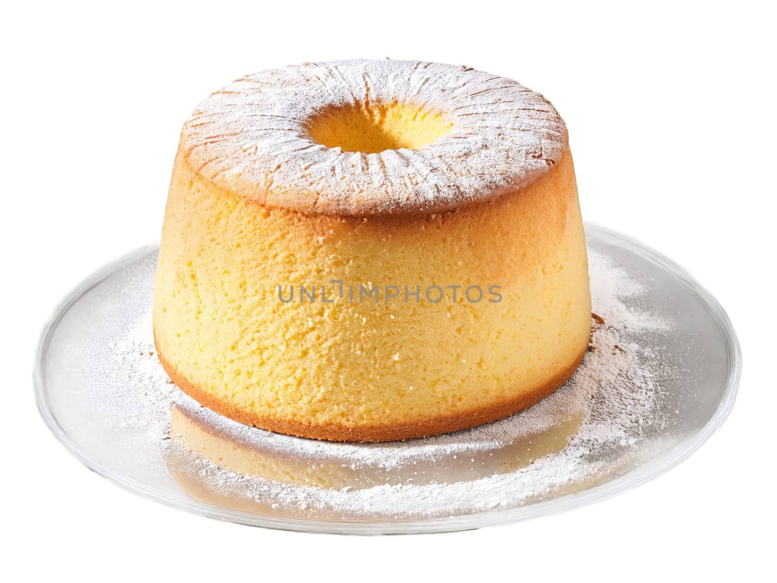 Cake chiffon cake with a light airy texture and a dusting of powdered sugar served. Food isolated on transparent background.