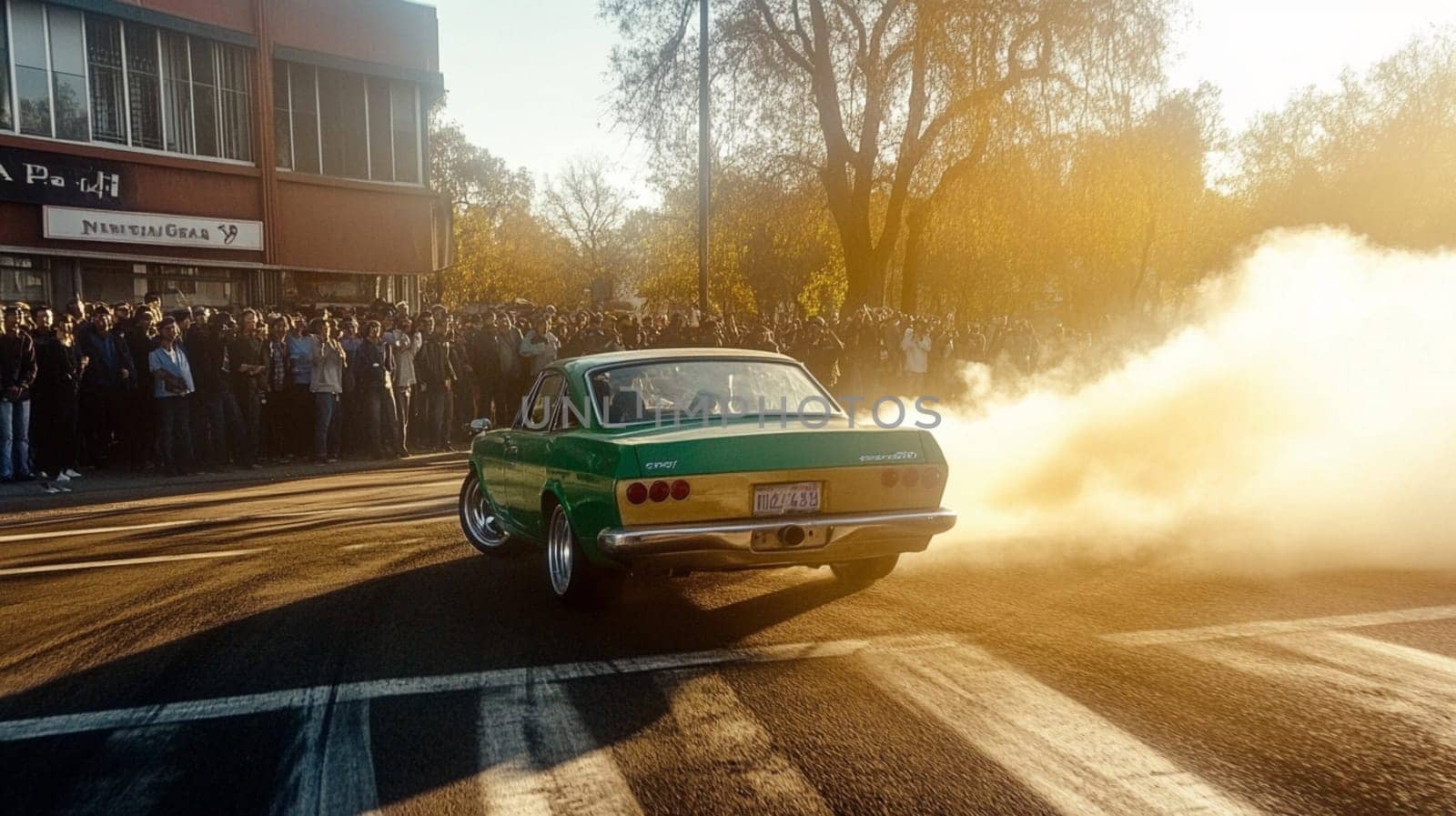 Powerful sports cars race through city streets at sunset, leaving a trail of smoke, thrilling spectators with high speed action