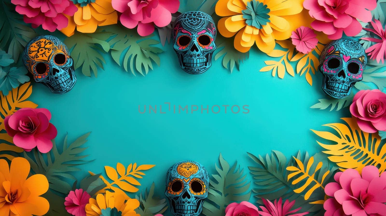 Day of the Dead, Dia de los Muertos festive frame with sugar skulls and paper flowers