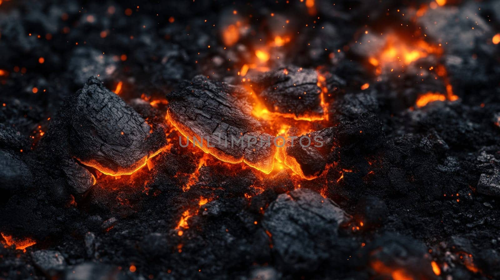Burning charcoal with glowing embers. Abstract background.
