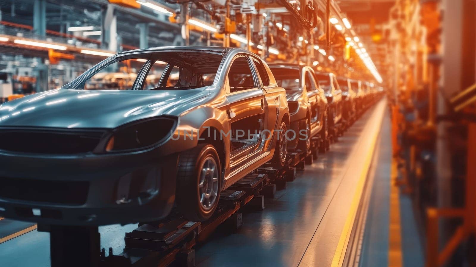 Modern Car Manufacturing Factory. Automotive Production Line. Assembly Plant. Conveyor Belt System