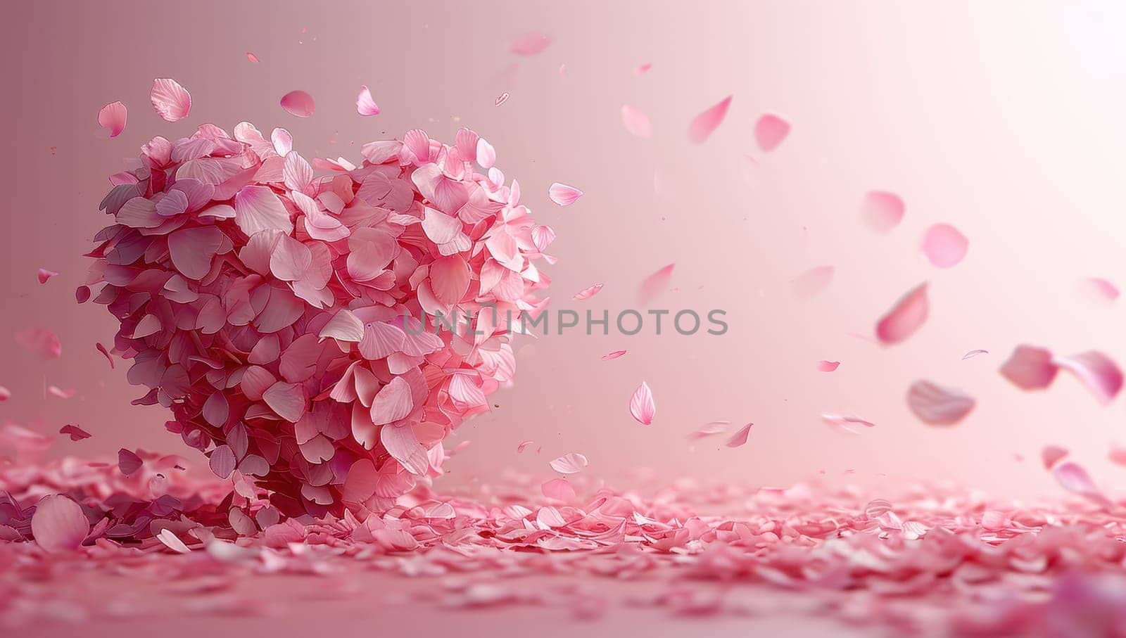 Romantic Heart of Pink Petals on Pink Background
