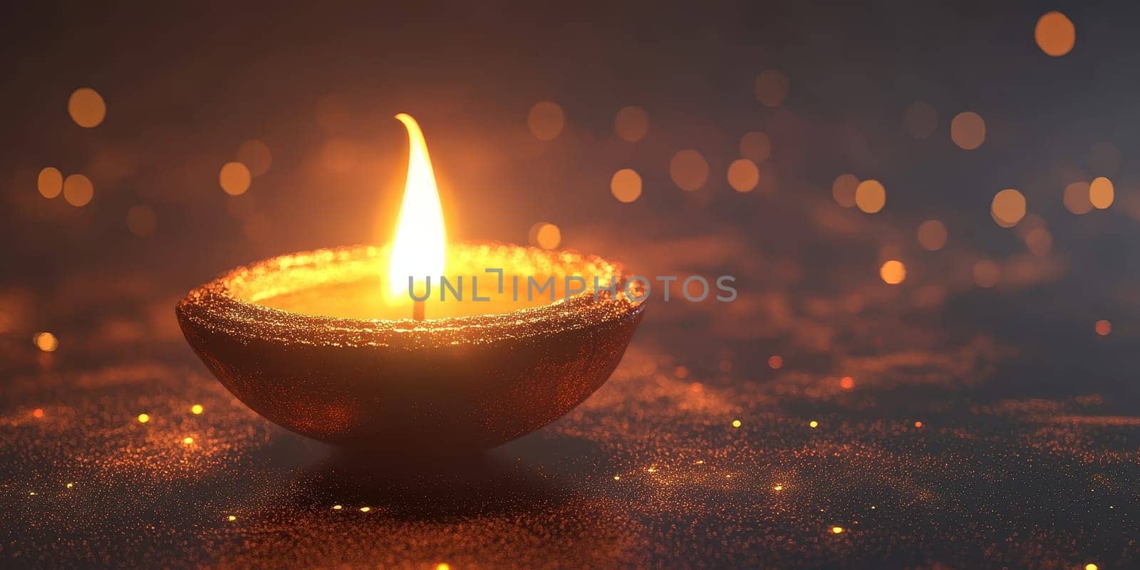 Burning diya lamp with beautiful bokeh. Concept for Diwali, hope, peace, and spirituality.