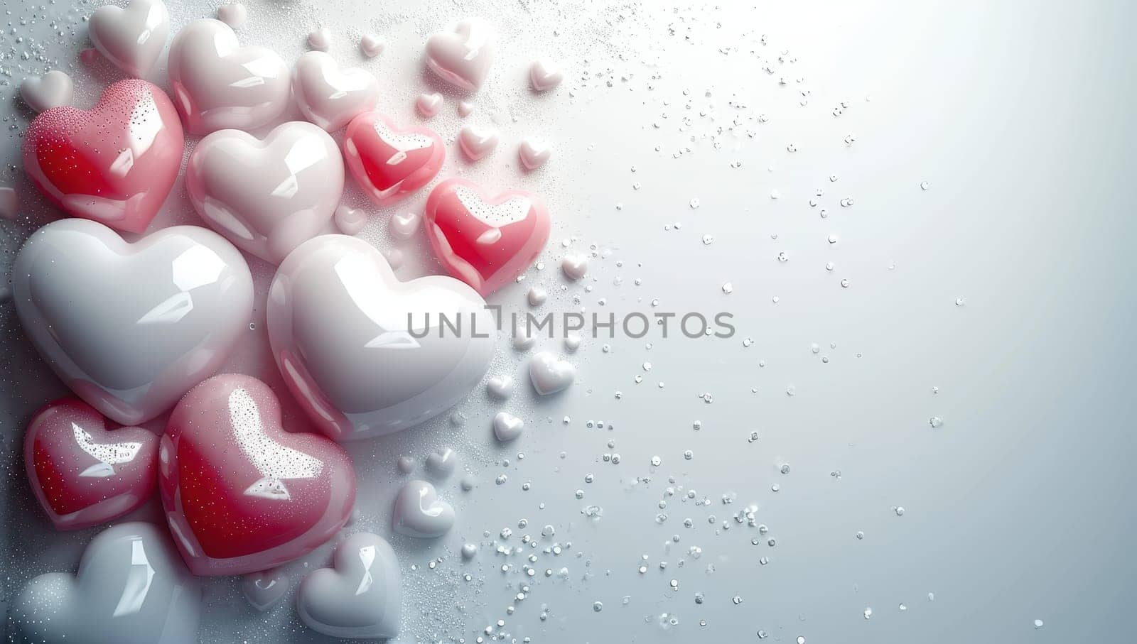 Pink and white hearts on light blue background with copy space. Valentine's Day, love, romance concept.