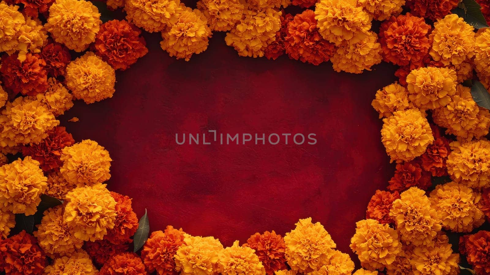 Marigold Flower Frame on Red Background with Copy Space