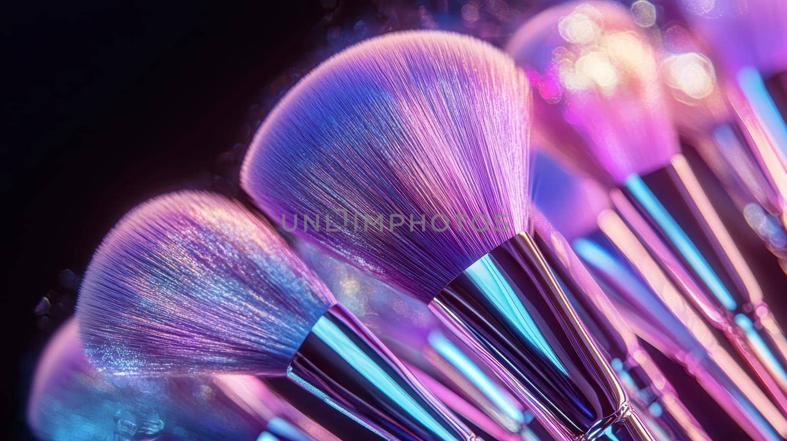 Set of iridescent makeup brushes on a dark background. Beauty and cosmetics concept.