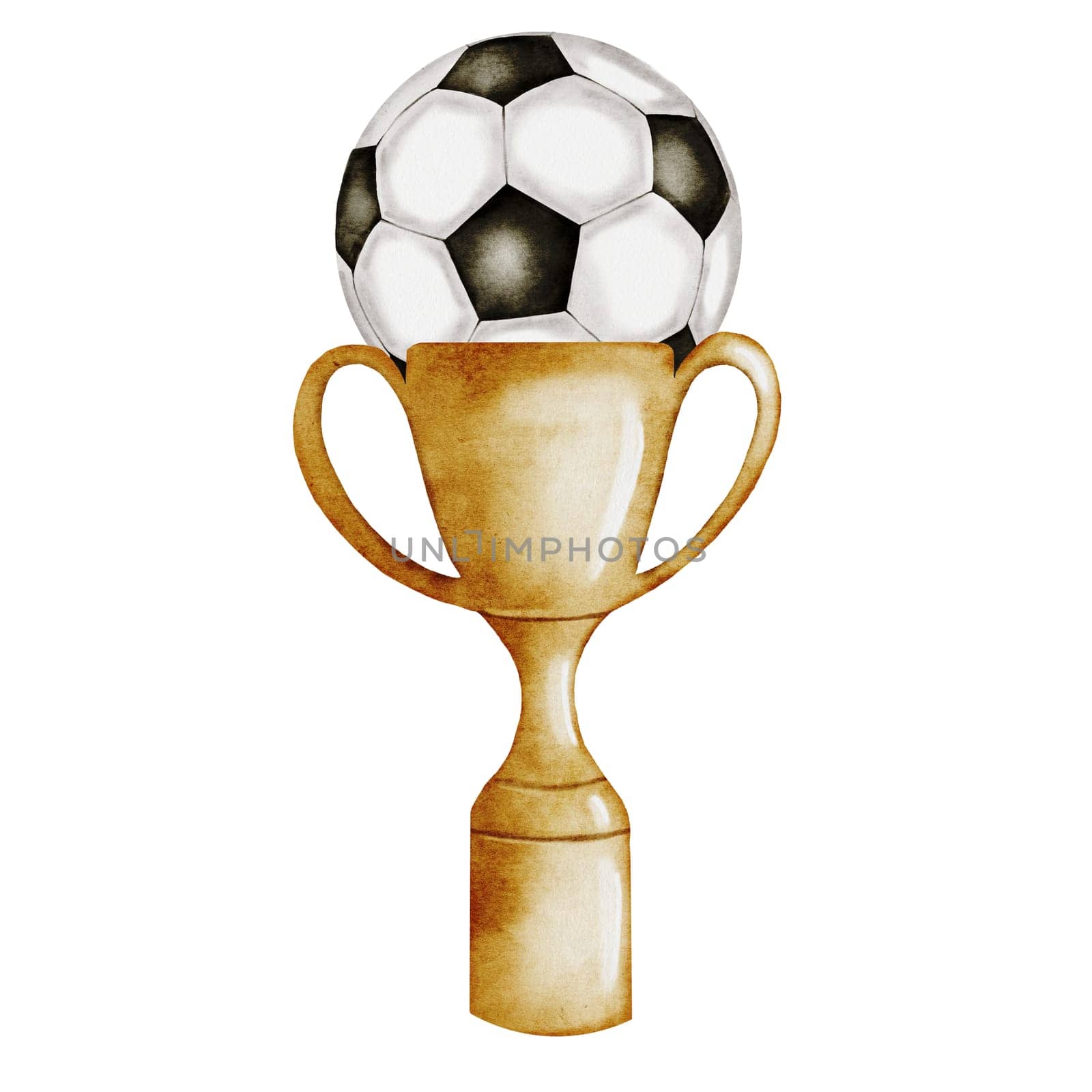 Soccer ball and prize cup. Hand drawn football composition. Clip art of championship equipment on isolated white background. Ideal for posters, flyers and game posters. High quality illustration
