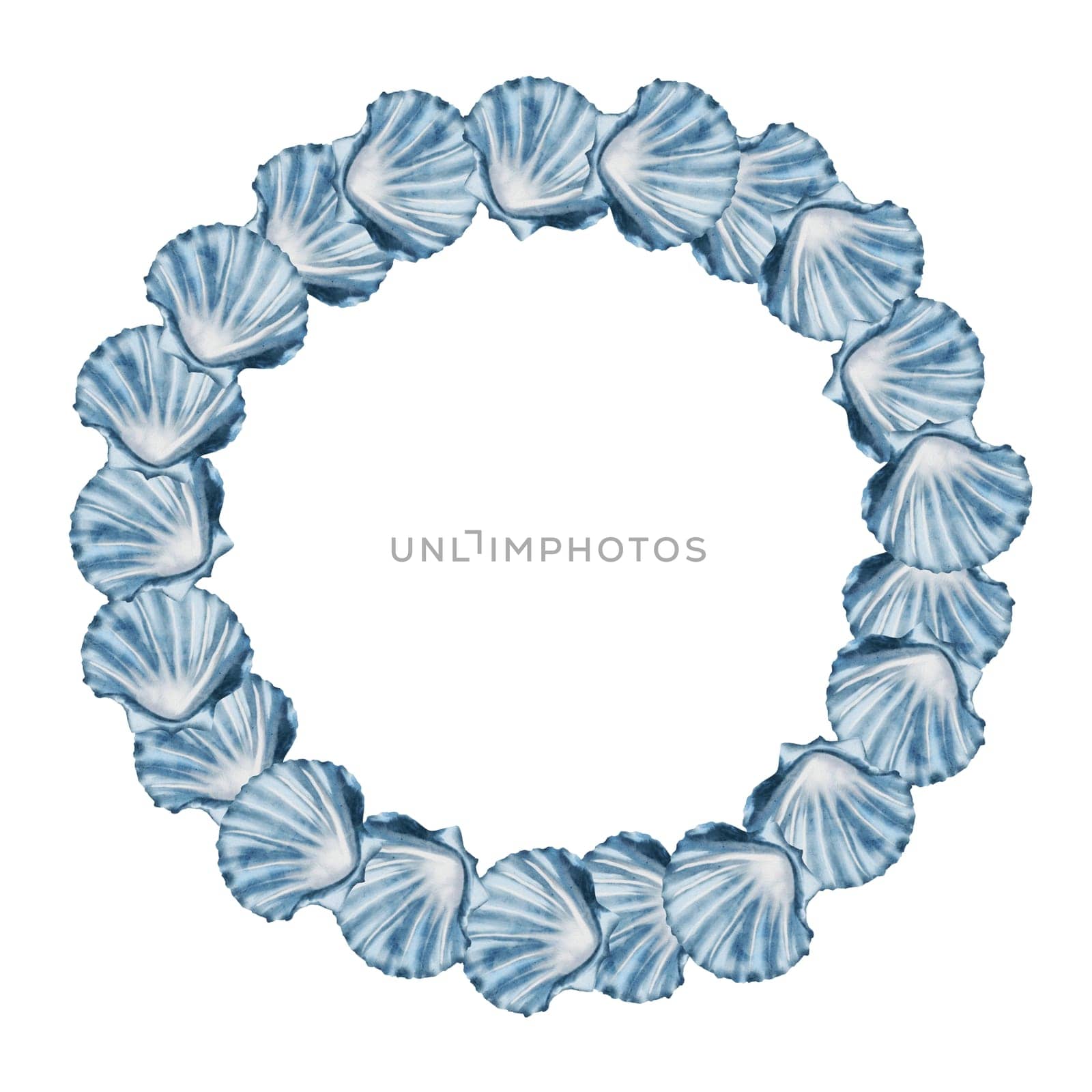 Seashells watercolor frame. Round border of blue shells on isolated white background. Clip art of sea creatures. Ideal for design of cosmetics packaging and bathroom textiles. High quality photo