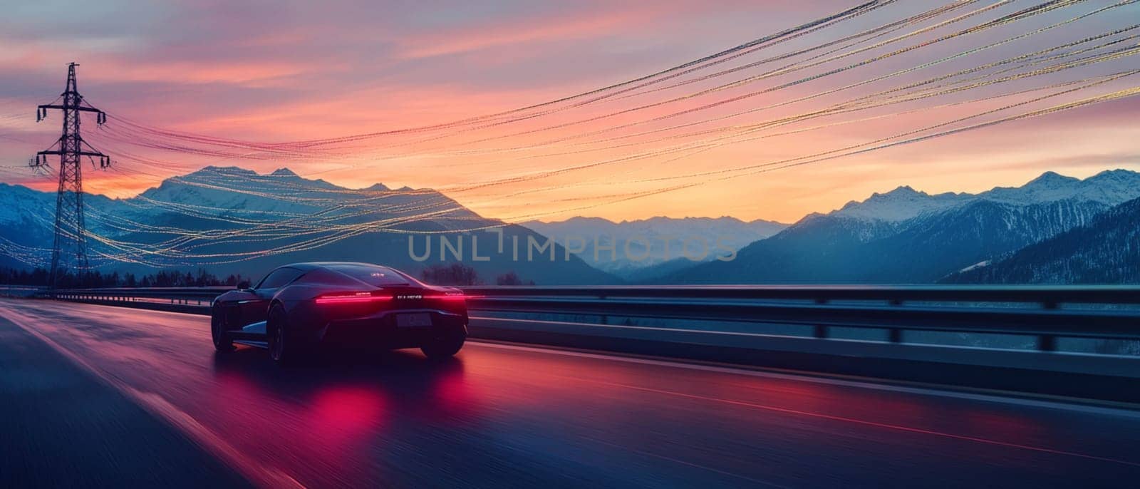 Futuristic autonomous car is speeding on a highway in the mountains with motion blur light trails behind it at sunset