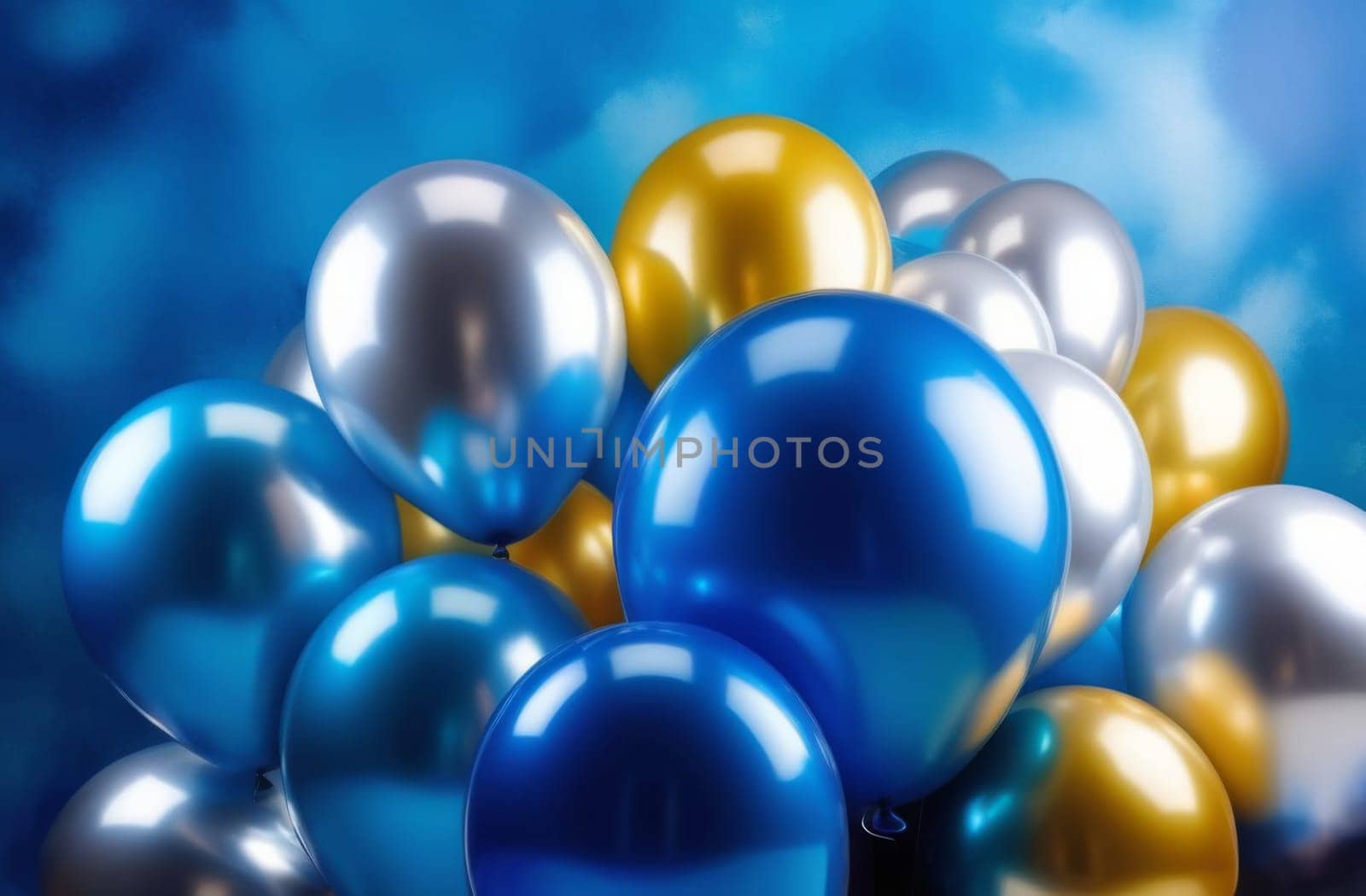 Inflatable blue silver gold balloons on a blue watercolor background