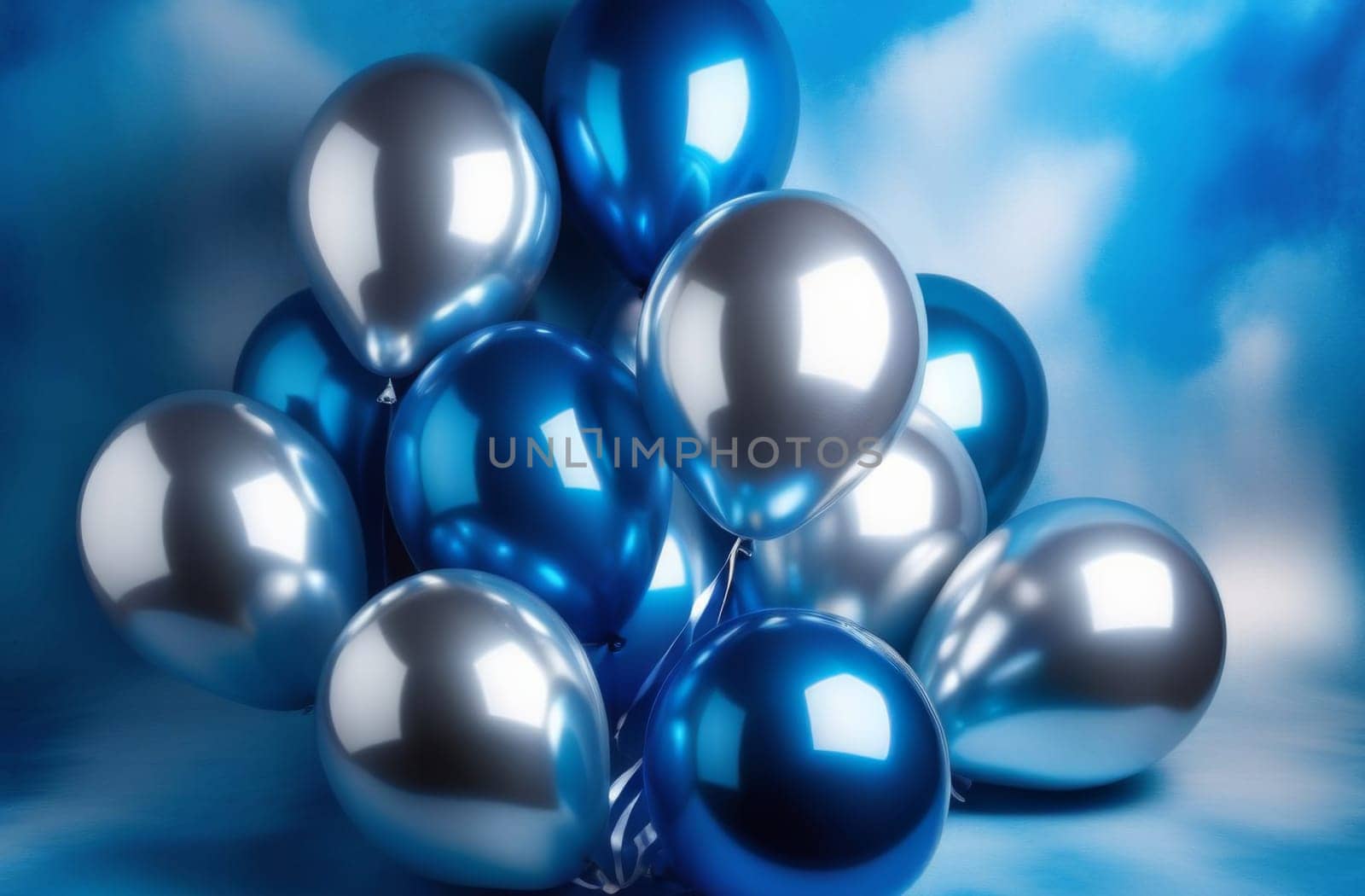 Inflatable blue silver balloons on a blue watercolor background