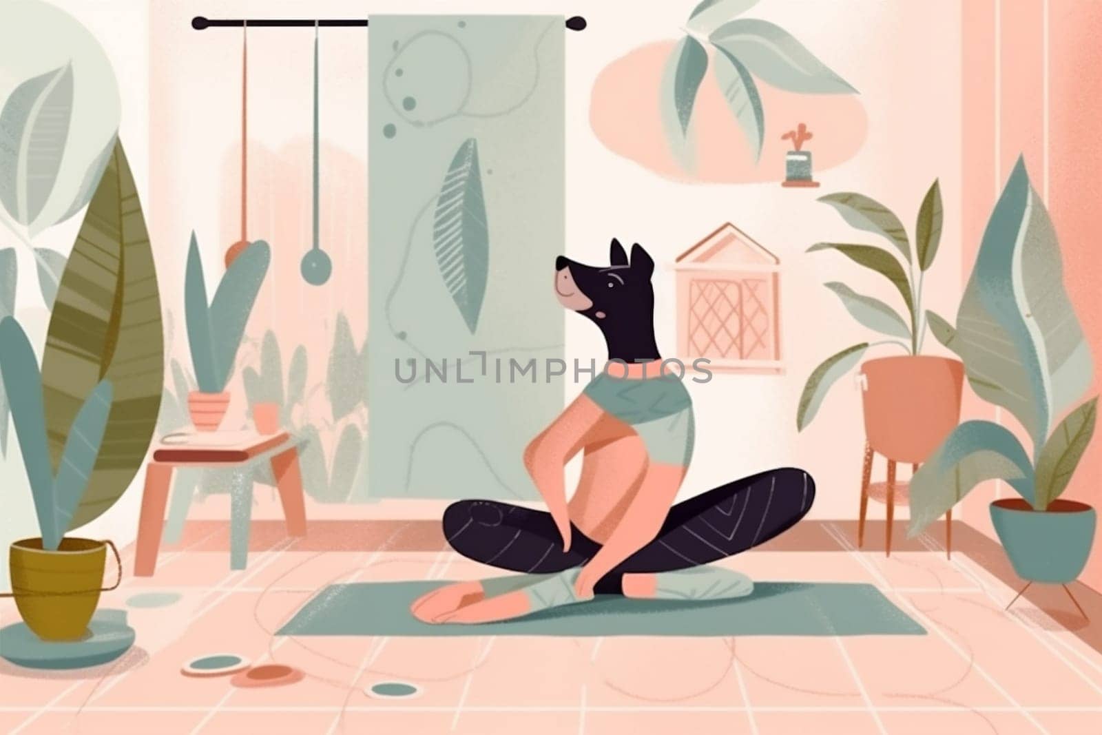 flat dog woman girl cat training exercise female relax sport body asana young fitness home cartoon puppy person yoga lifestyle position. Generative AI.
