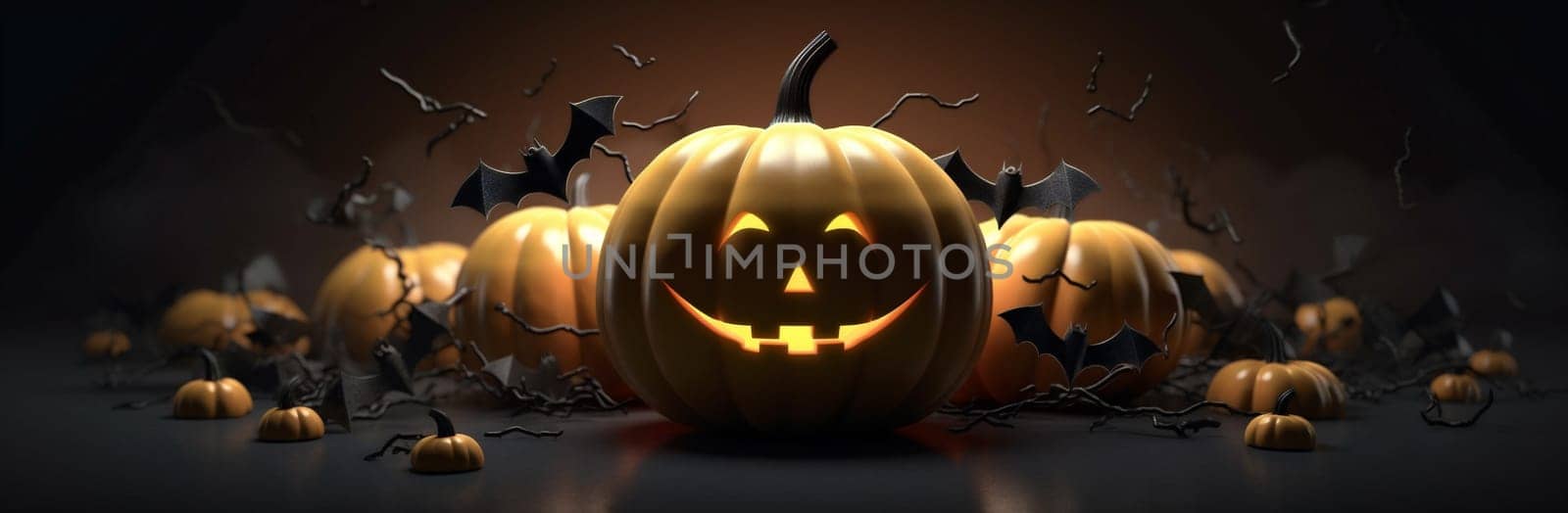 mystery tree table background halloween horror blue night pumpkin bat fear. Generative AI. by Vichizh