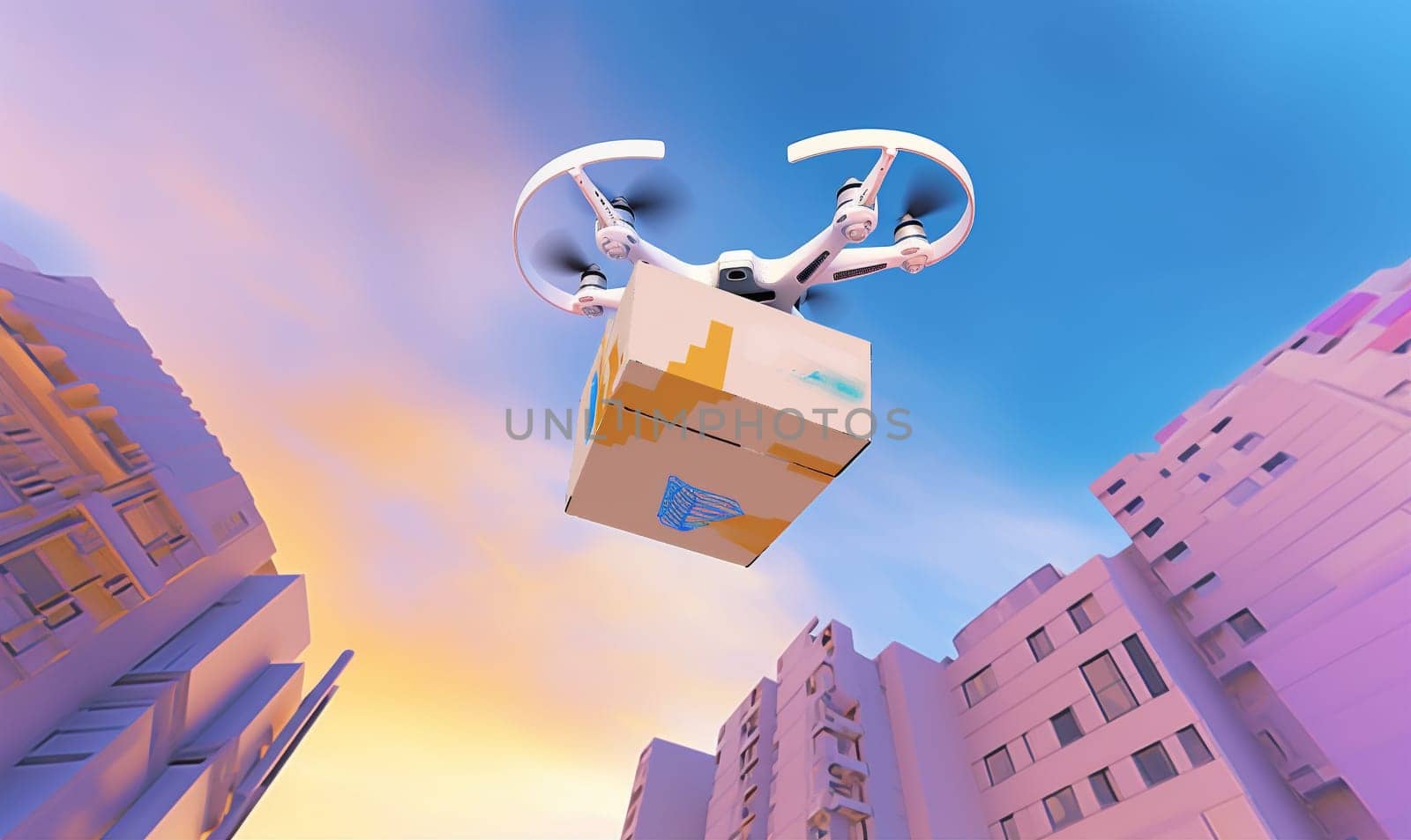 transportation flying box speed package aircraft city air drone fast robot aerial distribution innovation blue helicopter fly technology cargo delivery. Generative AI.