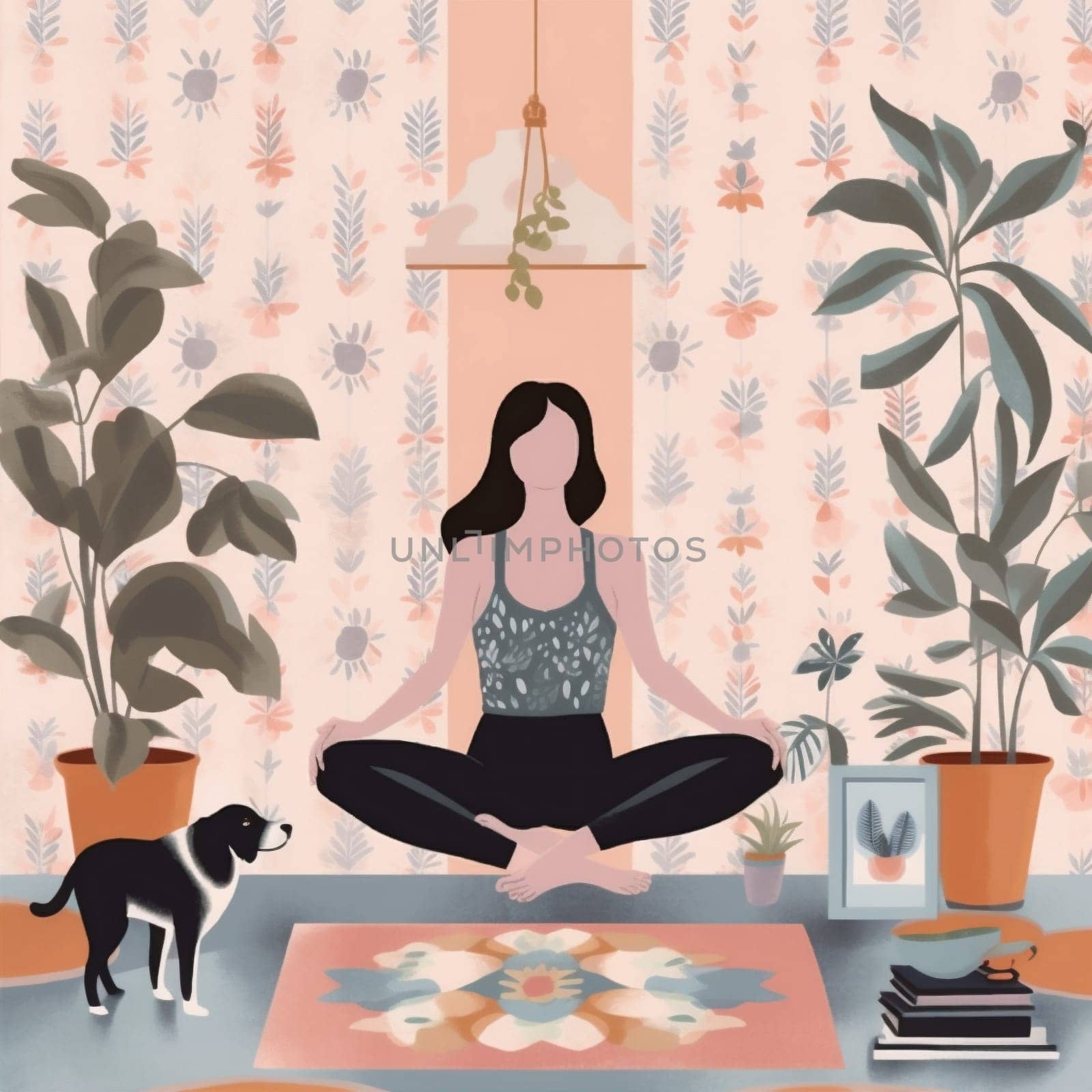 dog woman fitness sport yoga pose body home lifestyle cartoon training. Generative AI. by Vichizh