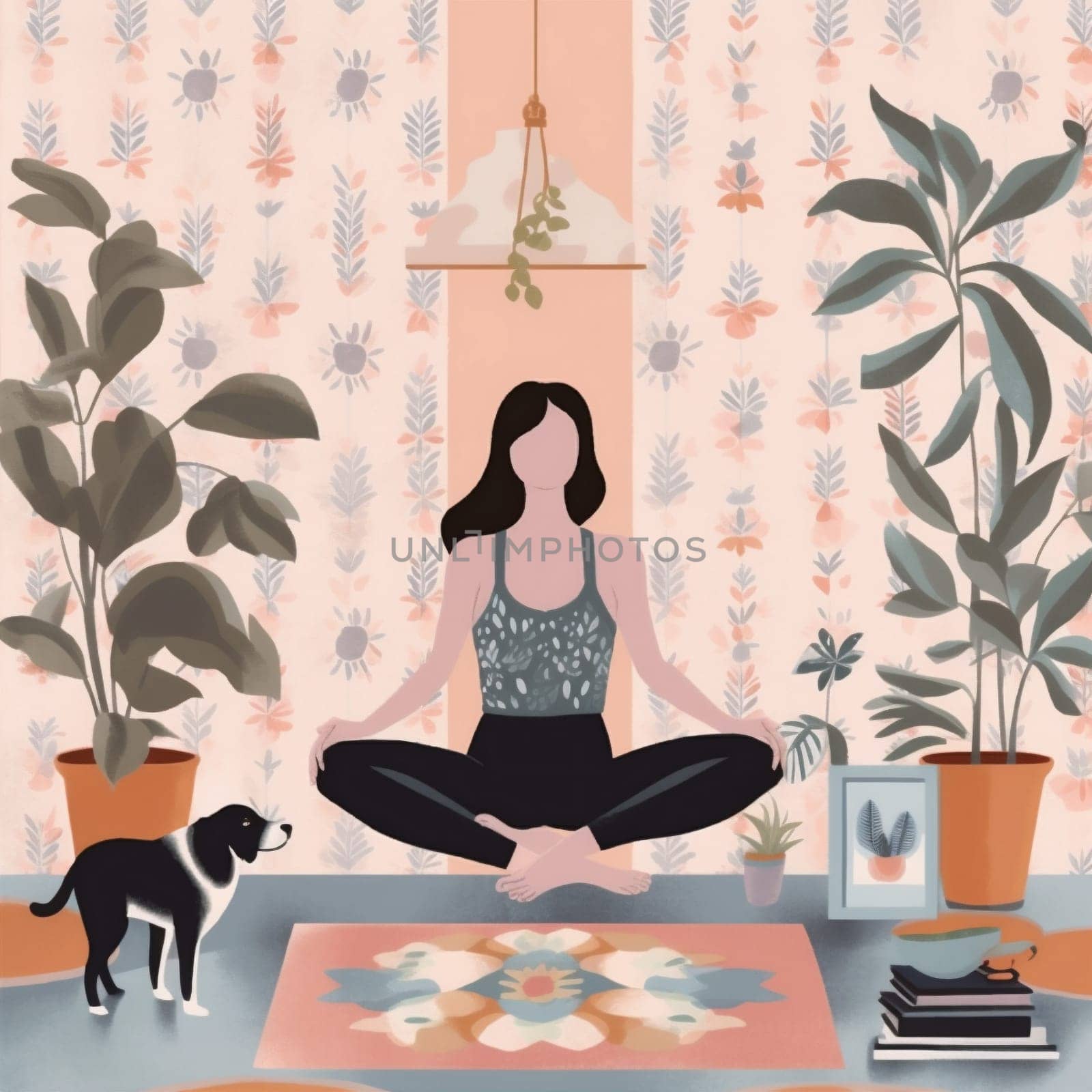 meditation dog woman relax relaxation lifestyle practice illustration sport stretching training fitness pose home activity indoor girl body yoga cartoon exercise. Generative AI.