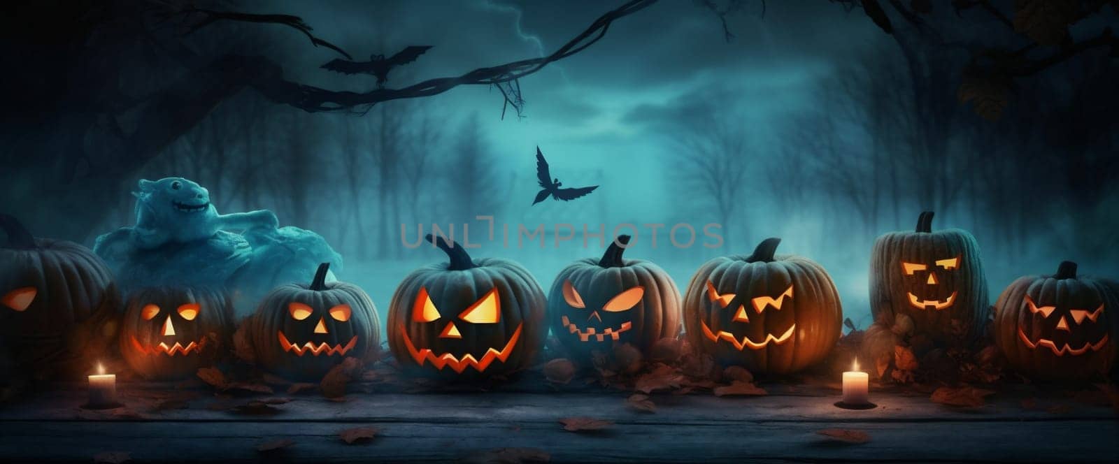 horror halloween blue evil background october table mystery pumpkin night fear. Generative AI. by Vichizh