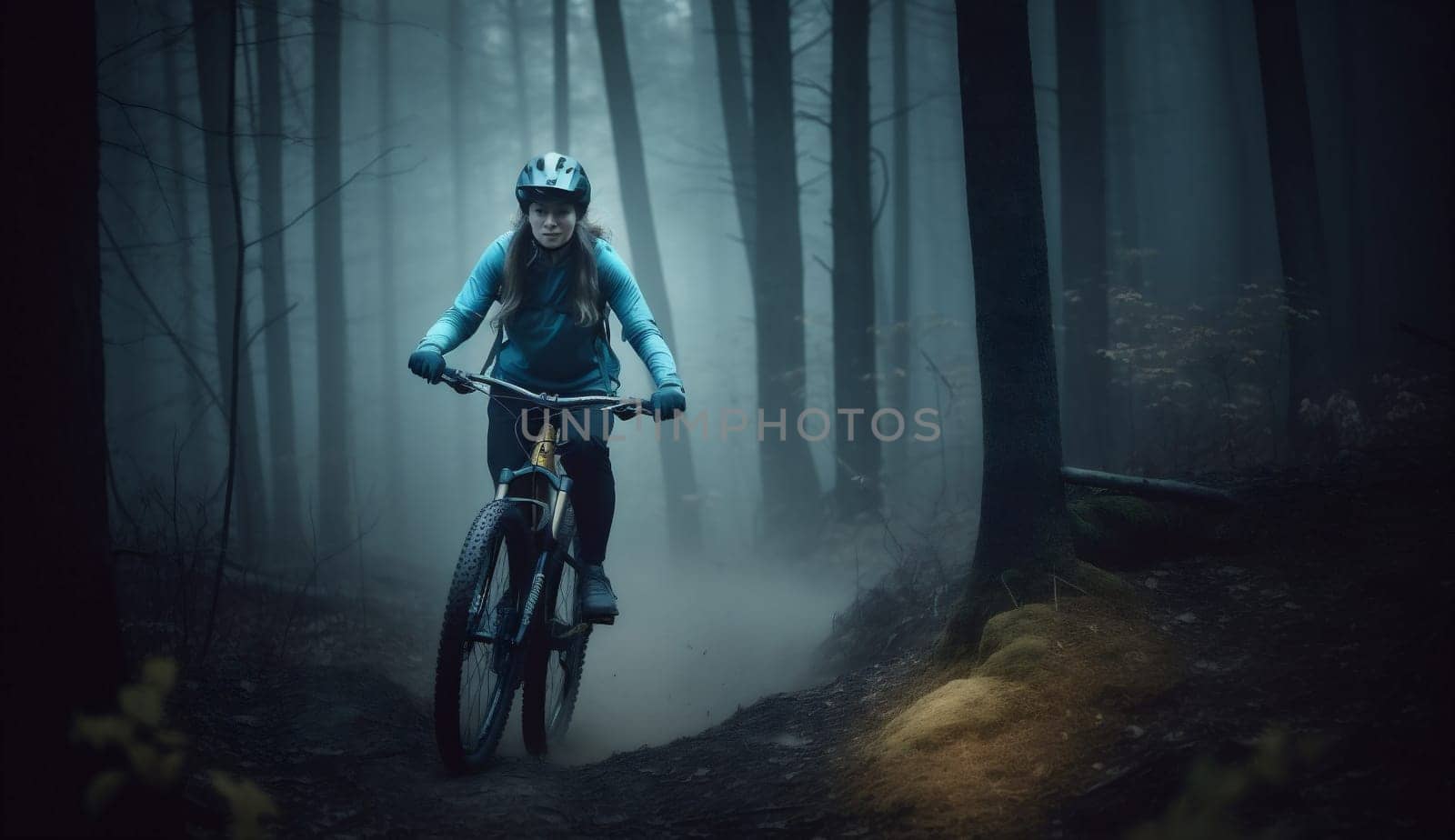 woman cycling forest walking bicyclist bicycle dark bike summer sport sunset. Generative AI. by Vichizh