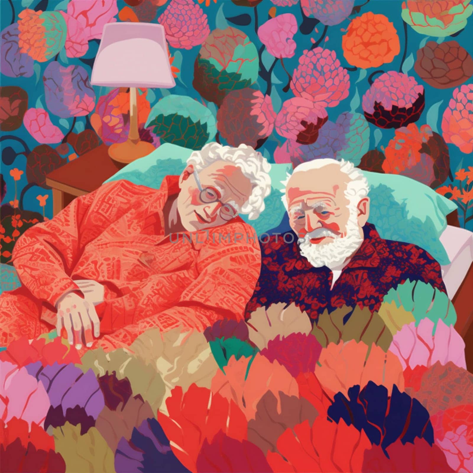 woman couple man happy asleep grandparent bed retirement old retired love together. Generative AI. by Vichizh