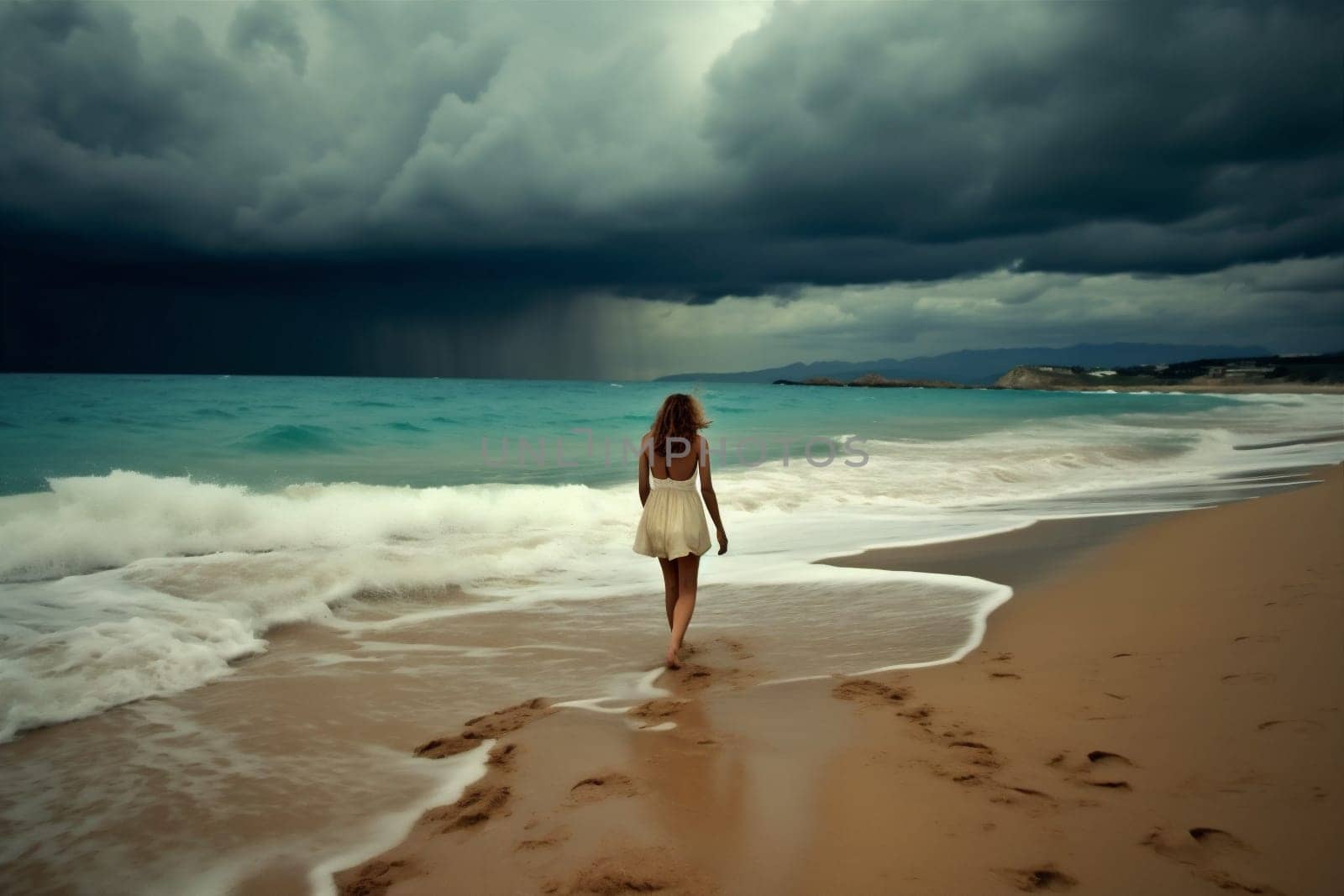 sky woman cloud nature beach sand ocean sea summer storm dress. Generative AI. by Vichizh