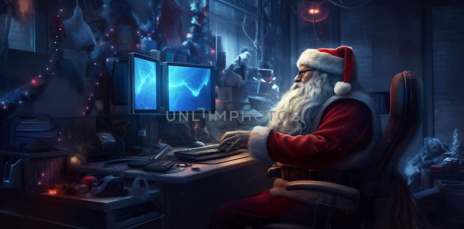 laptop santa christmas house happy family home character holiday communication. Generative AI. by Vichizh