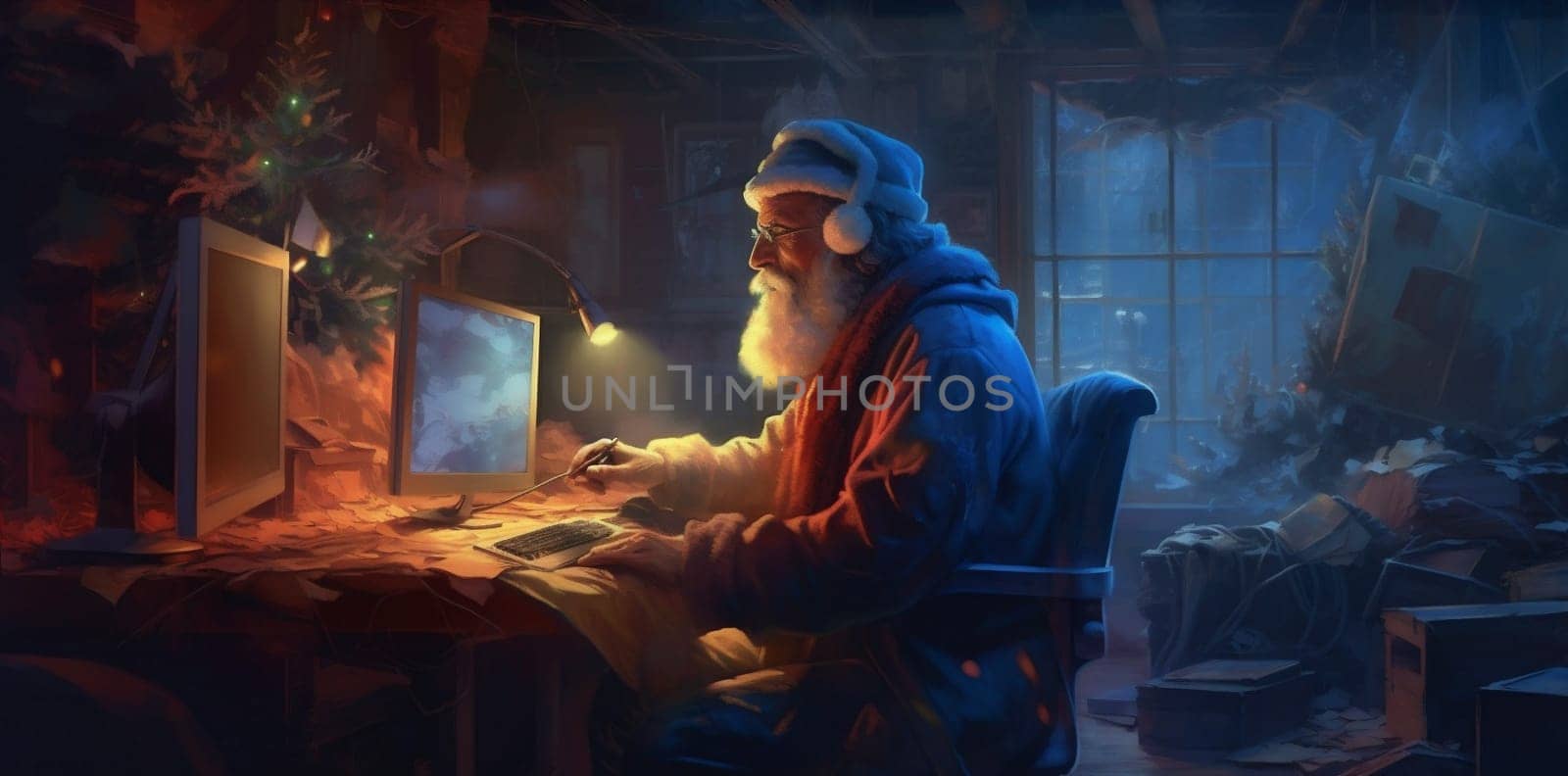 home family happy santa house laptop christmas communication holiday character. Generative AI. by Vichizh