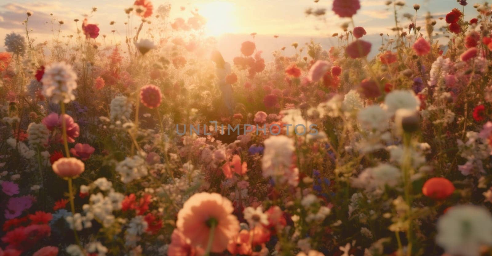 landscape flower beautiful fresh field petal bright beauty sunset cosmos summer blooming green sunlight violet nature countryside background meadow pink flora. Generative AI.