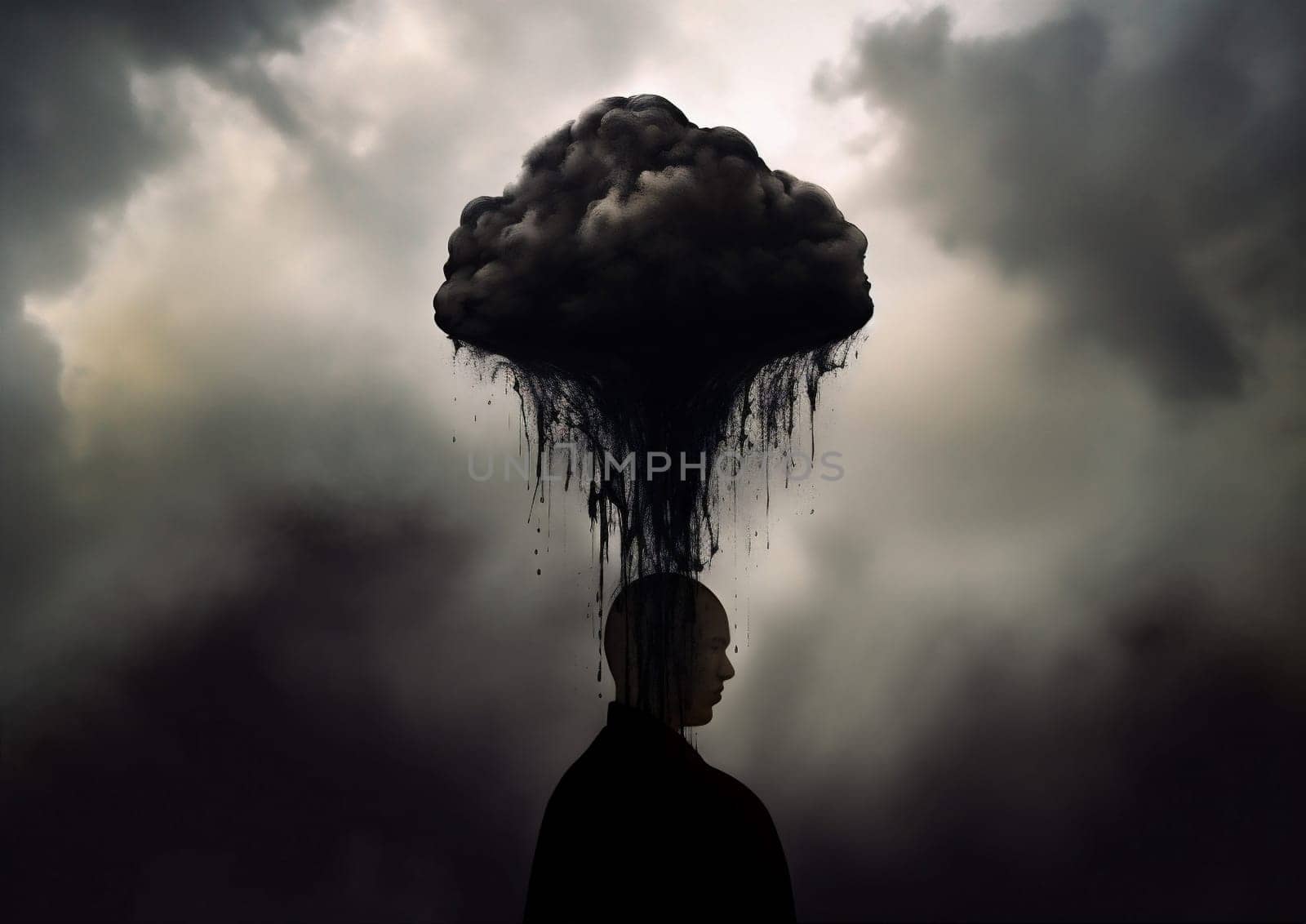 woman man blackboard fantasy poster dream hands leaking idea cloud abstract vision adult dramatic space portrait creative head creativity expression black concept. Generative AI.