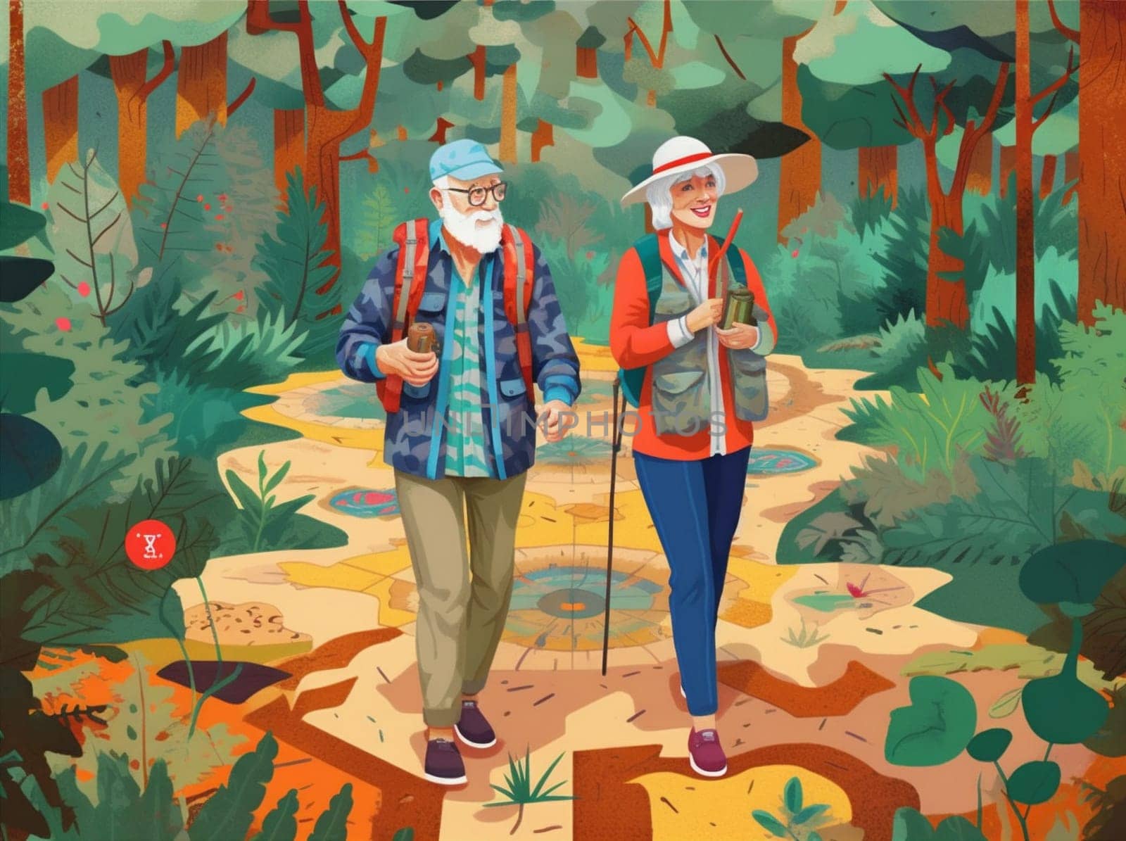 happy walking active hiking elderly trekking old couple senior grandfather. Generative AI. by Vichizh