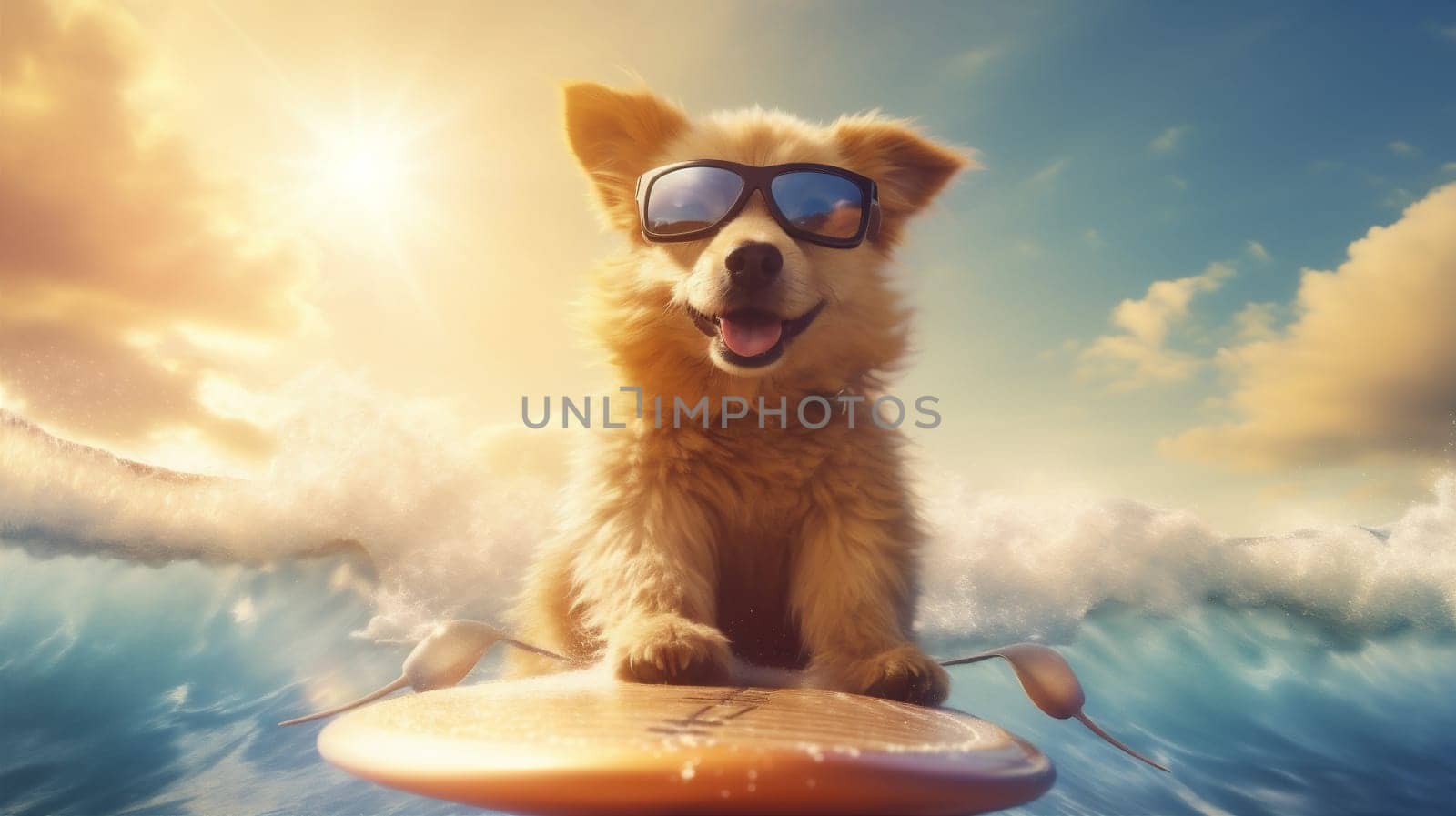 beach dog surfer summer ocean funny vacation puppy wave animal. Generative AI. by Vichizh