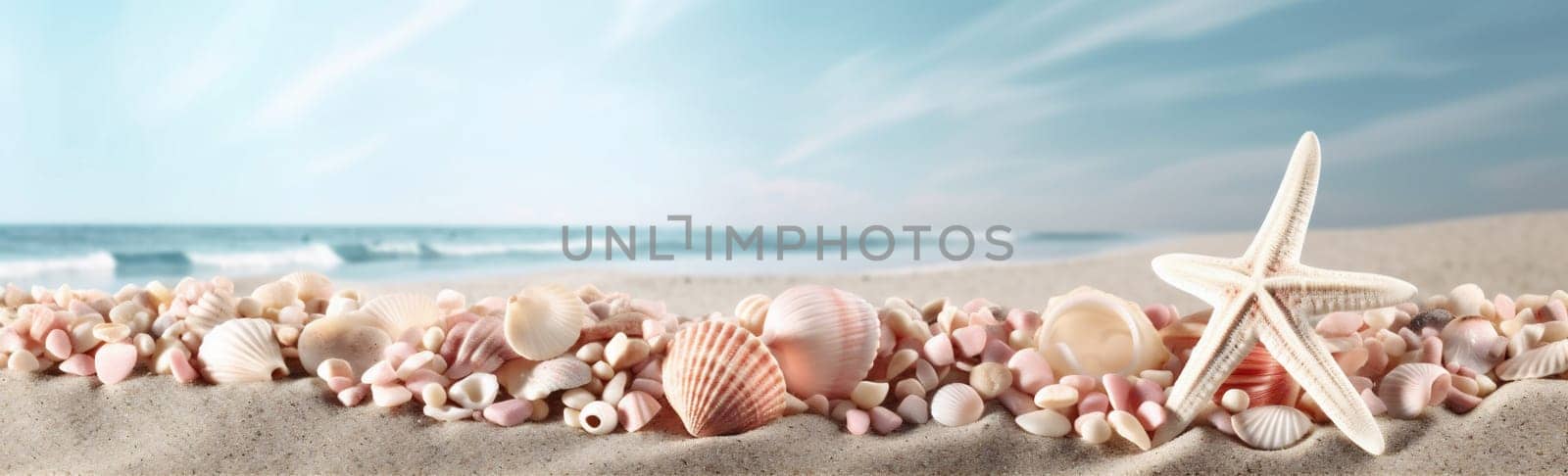 generative water space shell shore sea starfish exotic ocean card holiday copy nature summer beach sand bright seashell coral banner tropical. Generative AI.