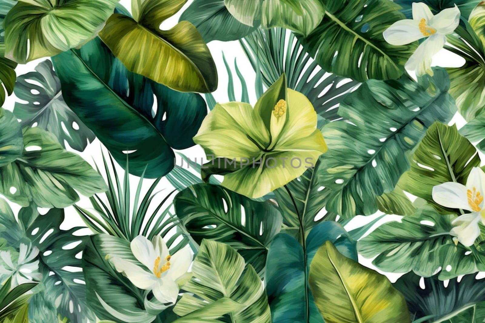 jungle design background garden leaf summer pattern palm seamless tropical trendy. Generative AI. by Vichizh