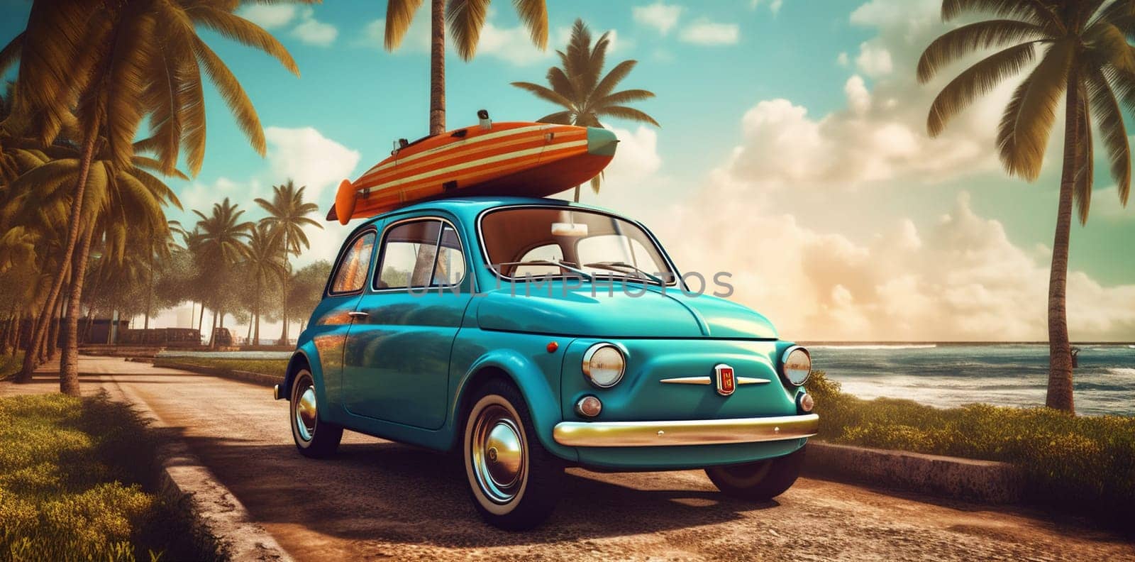 retro vintage summer car vacation tropical trip road travel beach. Generative AI. by Vichizh