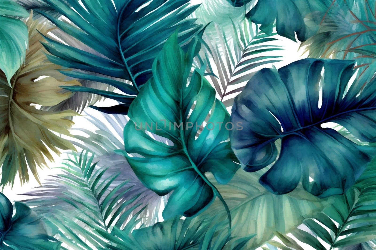 wallpaper trendy plant flower leaf retro drawing palm design silhouette seamless tropical fashion template summer colorful jungle garden background watercolor pattern. Generative AI.