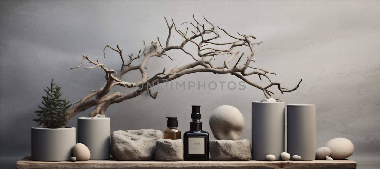 eco natural tree template branch blank nature art stone decoration bottle exhibition composition background beauty product creative display tree cosmetic space layout copy. Generative AI.