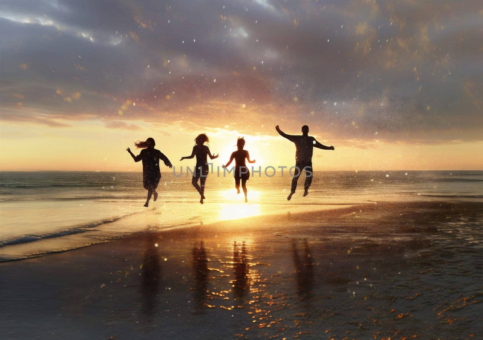 man group sunset youth happiness vacation fun jump ocean friend company. Generative AI. by Vichizh