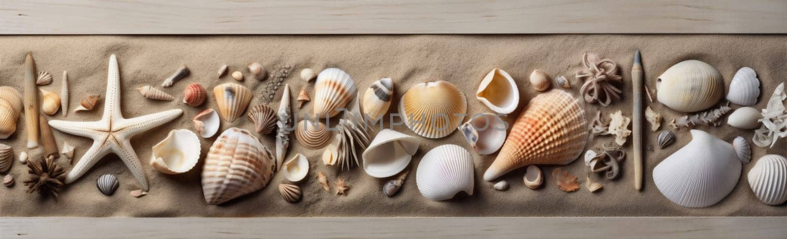 ocean sea nature tropical beach summer shell holiday sand banner. Generative AI. by Vichizh