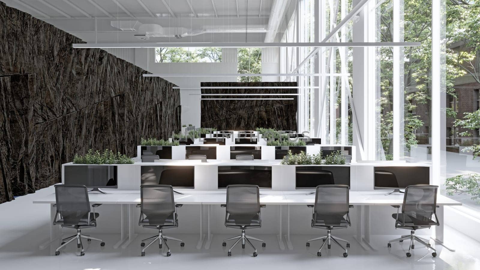 modern office interior with rock feature. 3d rendering