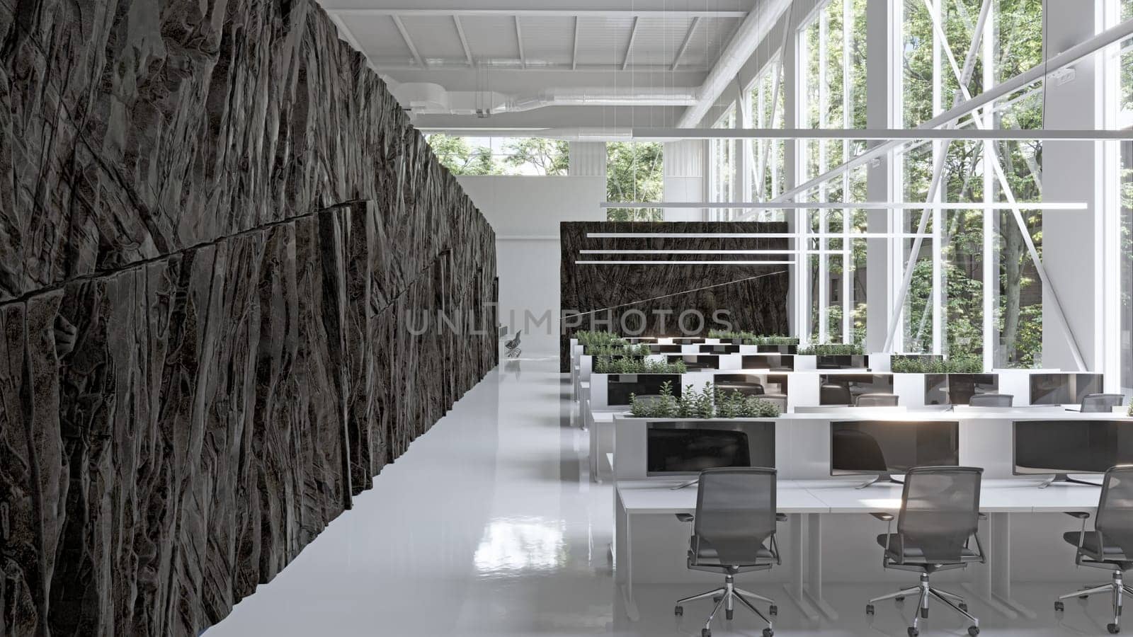 modern office interior with rock feature. 3d rendering